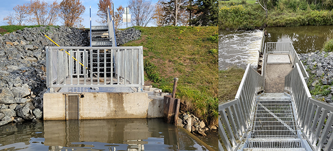 A collage of two photos. The photo on the left shows a river in the foreground with a sea lamprey trap with a concrete base and metal railing around the top built into the far side of the river. There are stairs on the riverbank leading away from the trap. The photo on the right shows the same trap, but from the perspective of standing on the riverbank above the trap. Metal stairs lead down the riverbank to a concrete platform with a metal trap door and metal railing surrounding the platform. A river with dam to the left of the platform is in the background.